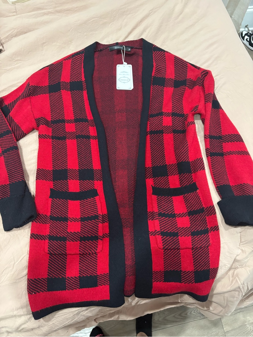 Open-Front Plaid Cardigan Sweater - Red/Black